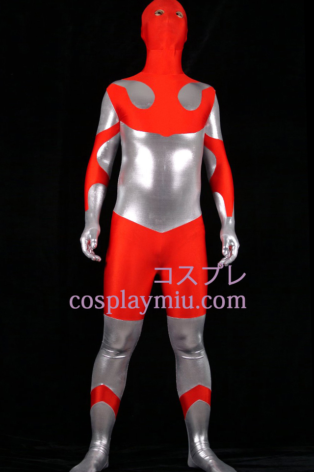 Red Lycra Spandex Ja Silver Shiny Metallic Unisex Zentai Suit