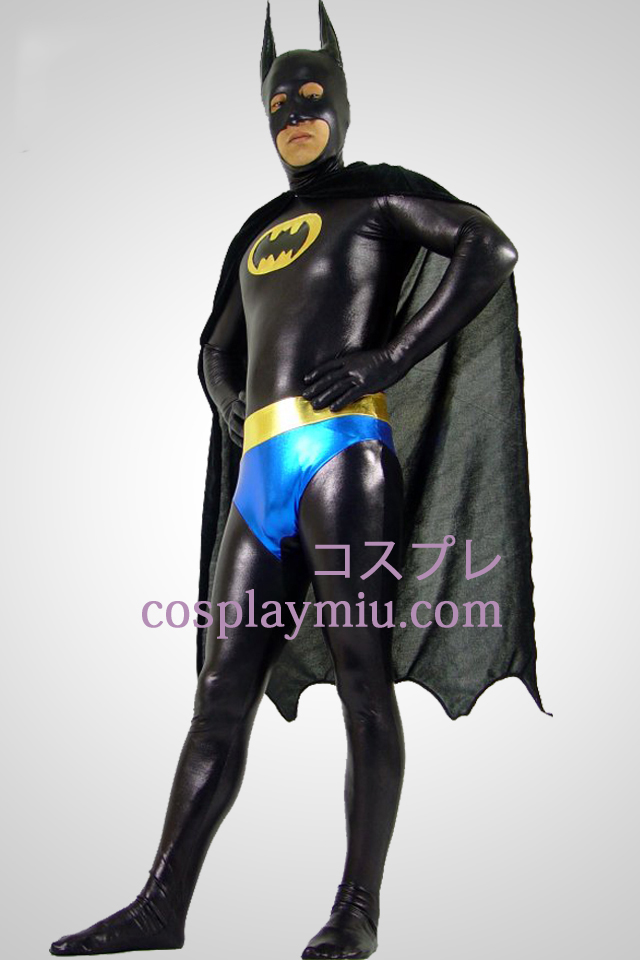 Shiny Metallic Black Batman Zentai puku musta viitta