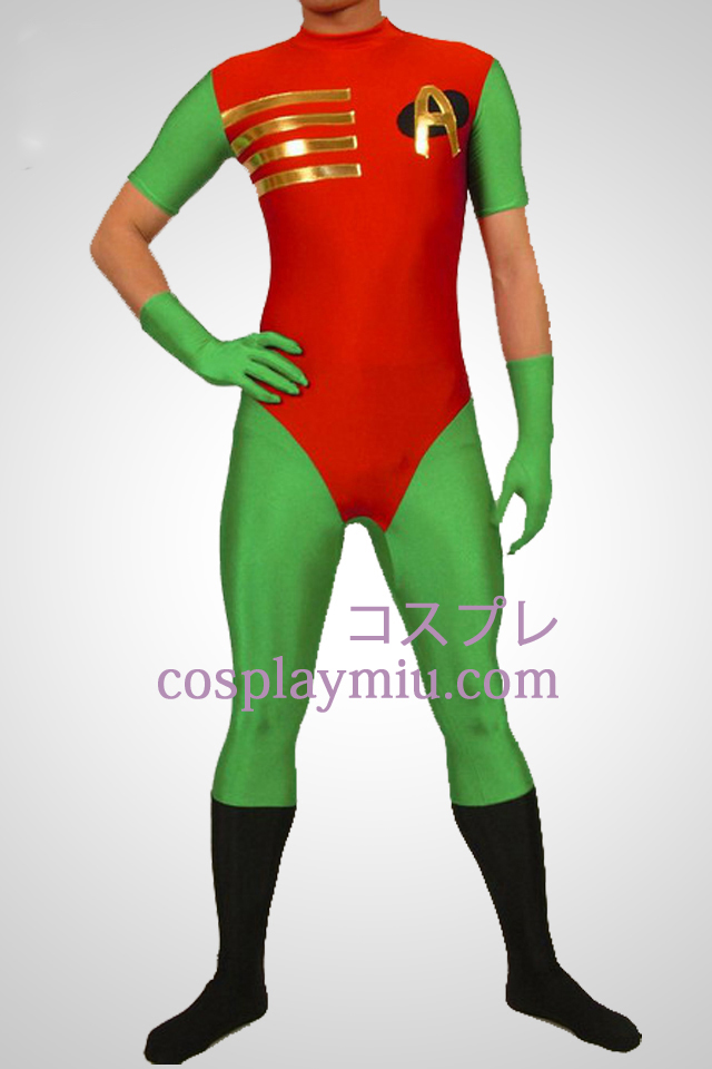 Punainen ja vihreä Robin Hood Lycra Spandex Superhero Zentai Suit