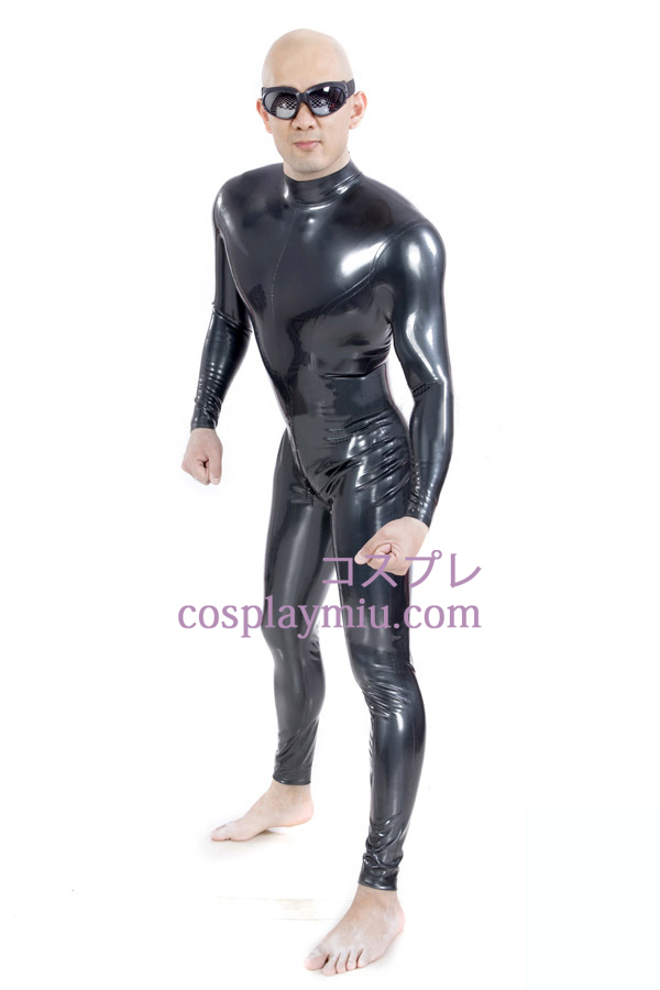 Black Shiny Metallic Zentai Suit vetoketjullinen Crotch